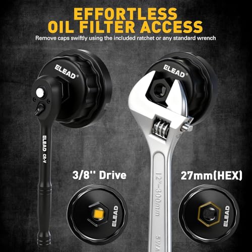 ELEAD 27 mm Oil Filter Socket Wrench, Metric Oil Filter Wrenches, 3/8'' Drive 6-Point Oil-Filter Removal Tool, Low Profile Design for Easy Removal, Chrome Vanadium Steel Oil-Change Tool - style: 27mm
