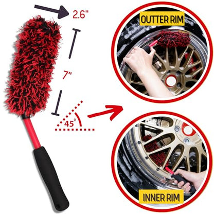 oesee Angled Wheel Brush Kit 3 Pack- Angled Microfiber Wheel Brush, Wheel Barrel Brush, Detailing Brush Scratch Free Calipers Wool Spoke Brush Cleans Brake Dust from Barrels& Hard to Reach Areas - color: Angle Red 3 Pack