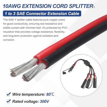MECCANIXITY SAE Y Splitter Cable, 10AWG Extension Cord Splitter 1 to 3 SAE Connector Extension Cable 0.8 ft with Waterproof Caps & Polarity Reverse Adapter for Solar Panel Battery Charger - size: 10AWG, 0.8 ft