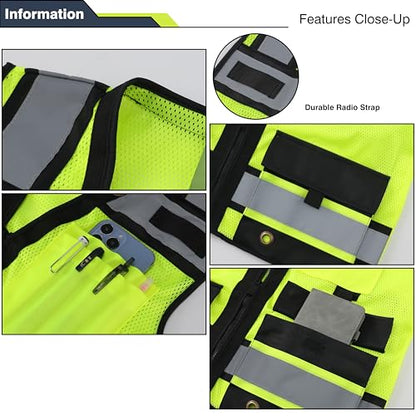 Class 2 High Visibility Reflective Safety Vests Women & Men With 15 Pockets And Zipper Front,Meets Ansi/Isea Standards - color: Yellow_body Black Trims, size: 3X-Large