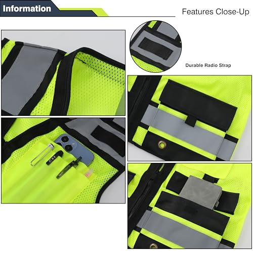 Class 2 High Visibility Reflective Safety Vests Women & Men With 15 Pockets And Zipper Front,Meets Ansi/Isea Standards - color: Yellow_body Black Trims, size: 5X-Large