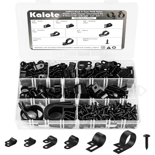 320PCS Black Cable Clamps Nylon Plastic R-Type 6 Sizes 3/16'' 1/4'' 3/8'' 1/2'' 3/4'' 1'' Cable Mounting Wire Clips Assortment Kit with Screws for Wire Management H-049 - color: 320 Black