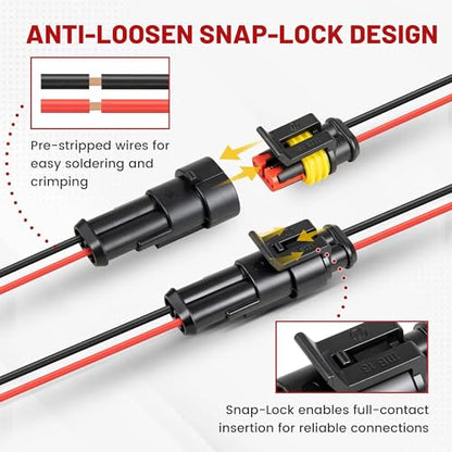 RED WOLF 16 AWG 2 Pin Waterproof Connector, Automotive Electrical Wire Connectors, 2 Wire Connector Harness Male and Female Plug Socket for Cars Truck Motorcycle Marine Boats - 5 Kits (2 Pin)