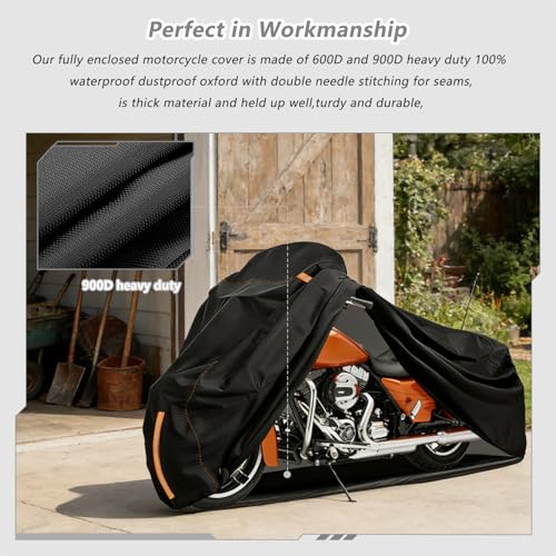 Full Enclosed Motorcycle Cover Waterproof,Heavy Duty 600D Oxford Outdoor Indoor Motorcycle Full Cover with All-Round Enclosed Zipper and Reflective Strips,Fits Most Heavy Duty Scooter Moped Motorcycle - size: 86" W x 32" D x 49" H