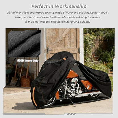 Full Enclosed Motorcycle Cover Waterproof,Heavy Duty 600D Oxford Outdoor Indoor Motorcycle Full Cover with All-Round Enclosed Zipper and Reflective Strips,Fits Most Heavy Duty Scooter Moped Motorcycle - size: 86" W x 32" D x 49" H