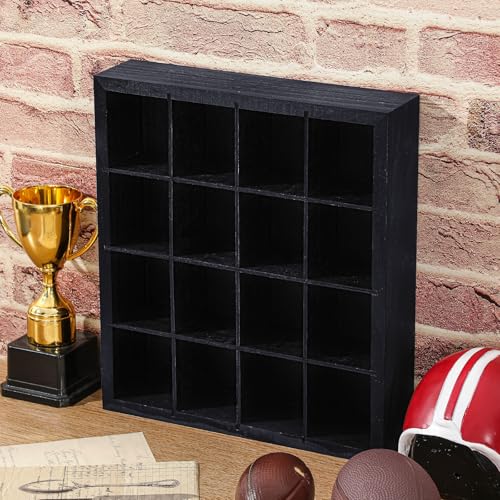 Colingmill 1 Pack Mini Helmet Display Case Pocket Size Football Helmets Wooden Stand Display Cabinet Wall Racks, 11.54"x10.35"x2.4", 4x4 Grid, Black, No Door No Cover(Black) - color: Black