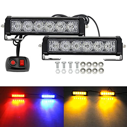 STDYSUN LED Emergency Strobe Lights Bar 2Pcs Red Blue Change Amber Double Color Warning Police Grille Lights Bar Surface Mount Fit for Motorcycle POV Utility Construction Vehicle and Tow Truck Van - color: Red Blue Change Amber