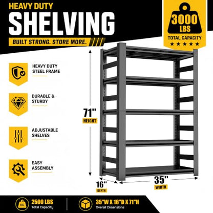 Heavy Duty Garage Shelving with Fence, 5-Tier Garage Storage Shelves, Adjustable Metal Shelving Unit, Steel Storage Rack for Garage Warehouse, Black, 35" W x 16" D x 71" H - size: Fence-5TIER-35"W X 16"D X 71"H