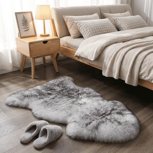 Fluffy Real Sheepskin Rug, Shaggy Fur Premium Soft Bedroom/Living Room Area Rug for Soft Fur Pray Pup Carpet Cushion, Chair Sofa Seat Cover(Wolf Tipped, Single Pelt/2FT*3FT) - color: Wolf Tipped, size: 2' x 3' (Single Pelt)