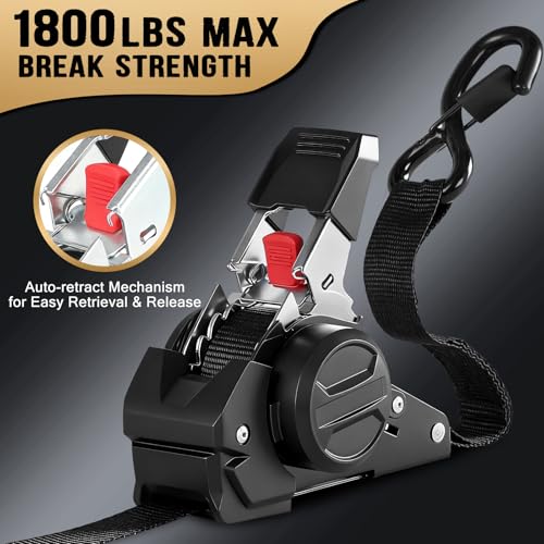 Retractable Ratchet Straps (4-Pack) - 1 Inch x 10 Ft (1800 LB Break Strength) Heavy Duty Polyester with Soft Loops & Storage Bag for Household, Motorcycle, Truck, ATV (Black) - style: Black-4 Pack