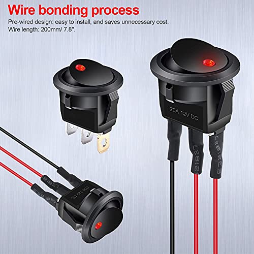 Twidec/8Pcs SPST Round Dot Lighted Rocker Switch Toggle Control for Car Or Boat 20A 12V DC On/Off Red LED Light with Pre-soldered Wires KCD2-102N-R-X - color: Red LED-Round