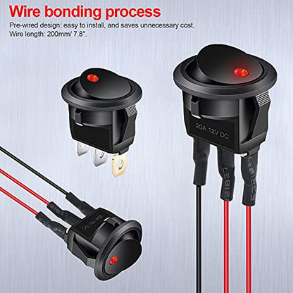 Twidec/8Pcs SPST Round Dot Lighted Rocker Switch Toggle Control for Car Or Boat 20A 12V DC On/Off Red LED Light with Pre-soldered Wires KCD2-102N-R-X - color: Red LED-Round