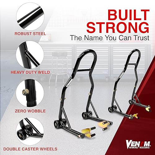 Venom Motorcycle Stand Lift, Front & Rear Combo, Universal Paddock Lift Stand, Front Wheel Fork Stand Rear Wheel Swingarm Spool Stand, Compatible With Most Yamaha Honda Kawasaki Suzuki BMW Motorcycles