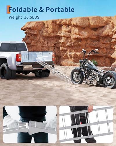 7.5Ft Folding Loading Ramps for Trucks & Trailers - 1500 Lbs Capacity (2-Pack) - Heavy Duty Motorcycle Ramp Aluminum for ATV, UTV, Dirt Bike, Lawn Mower, Cargo Trailer - Includes Load Straps - 89" x 1