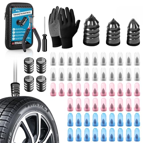 90 PCS Tire Repair Kit, 3 Sizes Tire Repair Screws Rubber Nails with Valve Stems & Pliers & Gloves, Flat Threaded Tire Plug Kit Screw Type Puncture Fix Tool Patch for Car, Motorcycle, Truck, ATV - color: 99PCS
