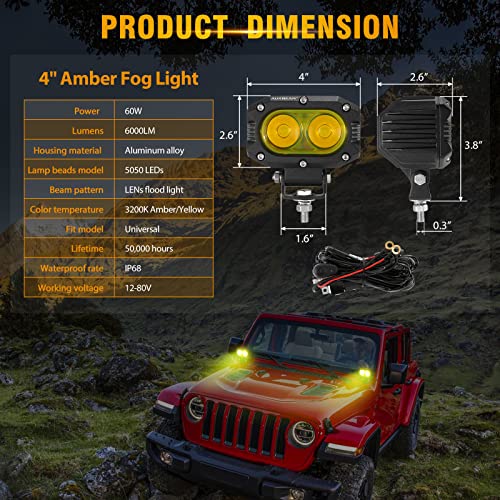 Auxbeam LED Amber Fog Light, 4Inch 60W Led Driving Offroad Lights Pod Super Bright with Wiring Harness Kit Yellow Flood Beam Pod Light for Truck SUV ATV UTV Jeep Wrangler Motorcycle - color: Amber Flood Beam (ZD000711)