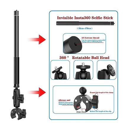 Taisioner Motorcycle Bike Handlebar Double clamp Mount and 67”Invisible Selfie Stick Insta 360 Motorcycle Mount Kit for X5/X4/X3/X2/XONE/GO2/3 Action Camera