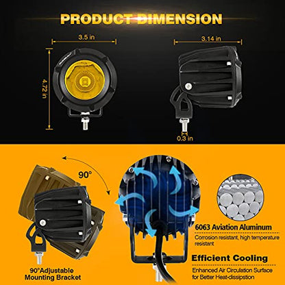 Auxbeam 3.5in 50W Round LED Offroad Light, 5000LM Amber Fog Light, Yellow Spot Flood Combo for Jeep & Truck - color: Amber Led Offroad Light