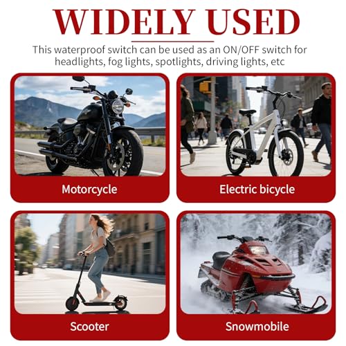 12V Motorcycle Handlebar ON Off Switch with LED Indicator, Waterproof Push Button Control for Auxiliary Driving Lights, Fog Lights, Headlights, Fits 7/8" (22mm) Handlebars on ATV, UTV, Scooter, E-Bike