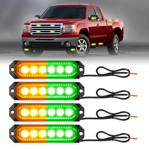 HLauto 406T Emergency Strobe Grille Lights: 4Pcs 6 LED Sync Feature Safety Warning Flashing Light, 12V-24V Ultra Slim Surface Mount Hazard Caution Light for Truck, Vehicle, Car, ATV, UTV (Amber Green) - color: Amber/Green
