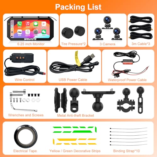 6.25' Motorcycle Carplay with Three Dash Cam (Inclues 128G SD),TMPS,GPS Navigation with Wireless Android Auto,Waterproof Touchscreen,Support Siri,Google Assistant,Anti-Glare,Bluetooth - size: 6.25 inch screen