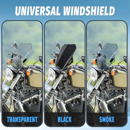 Motorcycle Universal Windshield 16.7” Windscreen Compatible with Yamaha Harley Honda Kawasaki Suzuki BMW Vulcan Cruiser Wind Deflector with 7/8" 1" 1 1/8" Handlebars, Transparent - color: Transparent