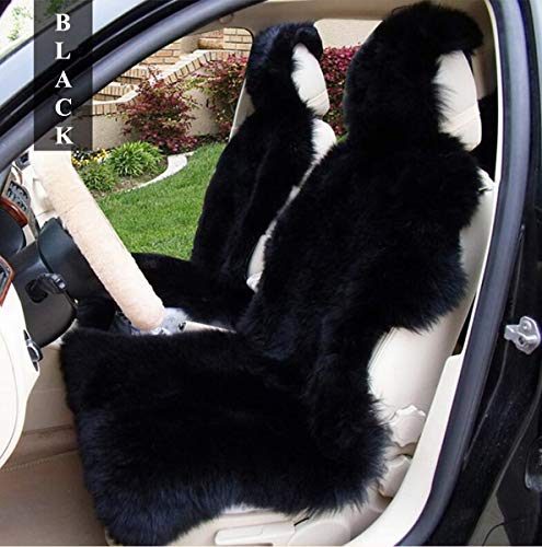 Winter Warm Authentic Australia Sheepskin Car Seat Cover Luxury Long Wool Front Seat Cover Fits Most Car, Truck, SUV, or Van (Black) - color: Black