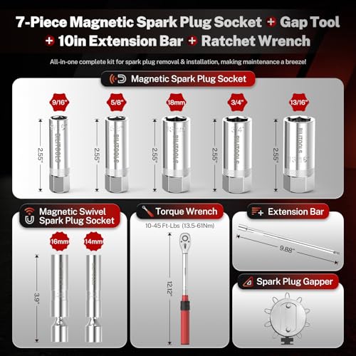 BILITOOLS 10 PCS Magnetic Spark Plug Socket Set with Click Torque Wrench & Spark Plug Gap Tool, 3/8 Inch Magnetic Sockets 9/16" 5/8" 3/4" 13/16" 14mm16mm18mm, Extension Bar, Cr-V Steel - size: 9/16" 5/8" 3/4" 13/16" 14mm16mm18mm Magnetic