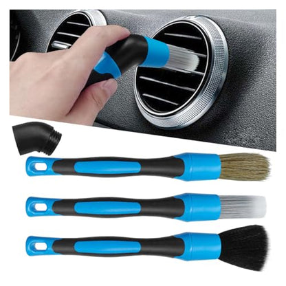 3PCS Car Detailing Brush Set, Soft Boars Hair No-Scratch Automotive Cleaning Brushes, Car Interior & Exterior Dusting Brush Auto Detailing Supplies for Air Vent, Leather Seat, Wheel (Blue)