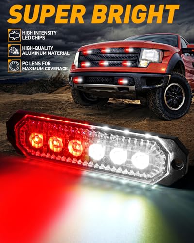 HLauto 406T Emergency Strobe Grille Lights: 4Pcs 6 LED Sync Feature Safety Warning Flashing Light, 12V-24V Ultra Slim Surface Mount Hazard Caution Light for Truck, Vehicle, Car, ATV, UTV (Red White) - color: Red/White