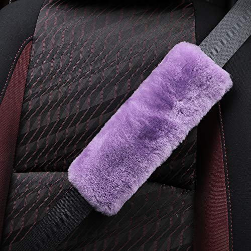 OGLAND Genuine Sheepskin Soft Fuzzy Car Seat Belt Pad, Comfy Fluffy Seat Belt Cover for Shoulder Pad Neck Cushion Protector Car Accessories Woman Man Girl Kid(1Pcs/Light Purple) - color: Light Purple
