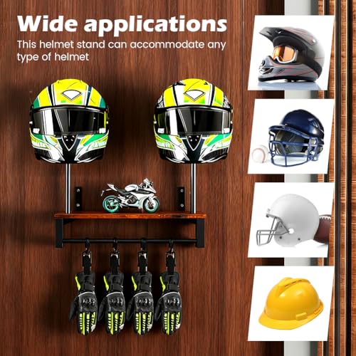 Motorcycle Helmet Holder Wall Mount, 2 Helmet Stands with Gear Rail and 4 Detachable Clips, Wood and Metal Helmet Rack, 16.14 x 10.24 x 13.38 in, Includes Storage Bag and Hardware