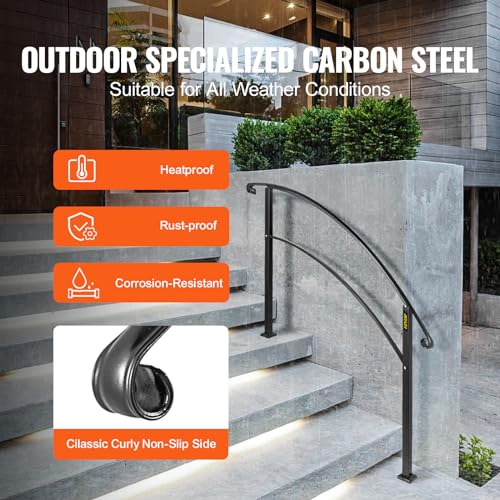 VEVOR 4-Step Handrail Fits 1 or 4 Steps Matte Black Stair Rail Wrought Iron Handrail with Installation Kit Hand Rails for Outdoor Steps - size: Black 3-4 Step, style: Style1 - Curved
