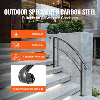 VEVOR 4-Step Handrail Fits 1 or 4 Steps Matte Black Stair Rail Wrought Iron Handrail with Installation Kit Hand Rails for Outdoor Steps - size: Black 3-4 Step, style: Style1 - Curved