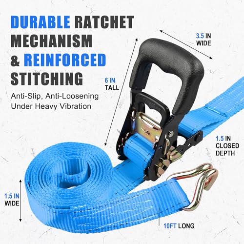 AWELCRAFT Ratchet Straps Heavy Duty 4 Pack,4500lbs Breaking Strength,1.5in×15ft Tie Down Ratcheting Strap with Padded Handles, Double J Hooks & Soft Loops for Motorcycle,Trailer & Trucks (Blue) - color: Blue