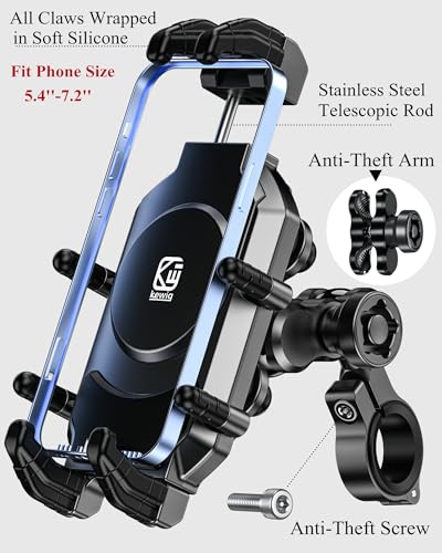 BRCOVAN Anti-Theft Motorcycle Phone Mount Holder with Vibration Dampener | with Secure Lock, Adjustable Handlebar Cellphone Clip for Bike Scooter ATV, Fit 5.4-7.2'' Smartphone, Big Phone Friendly