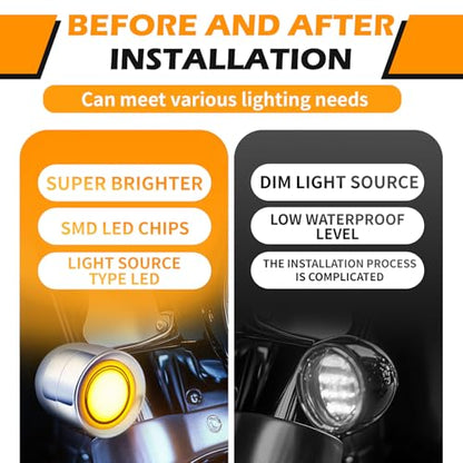 DREAMIZER Motorcycle Led Turn Signal Lights 2pcs,Bullet Blinker Motorcycle Front Rear Lights W/Running Light Universal Compatible with Harley Honda Suzuki Triumph Yamaha Bobber Cafe Racer Chopper - color: A-Front/Chrome shell + yellow-white light