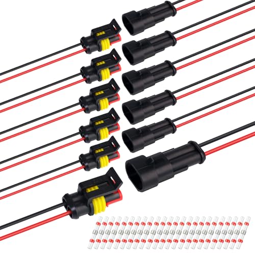 TMH 2 Pin Connector 22 AWG - 2 Wire 10cm. Waterproof Connectors Electrical Male and Female Connectors 2 Way with Heat Shrink Tubing for Car Truck Boat Wire Connection (6 Sets) - size: 2 Pin - 6 Sets