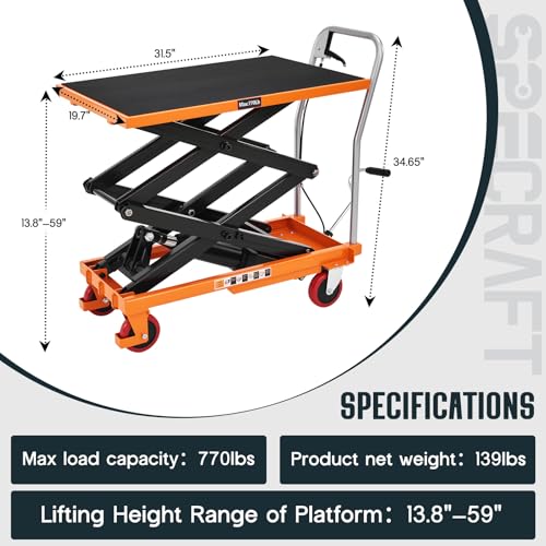 SPECRAFT 770lbs Hydraulic Lift Cart, 59" Height Double Scissor Table with 4 Wheels & Non-Slip Pad, Material Handling Platform, Orange - size: 770 lbs