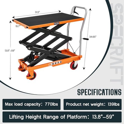 SPECRAFT 770lbs Hydraulic Lift Cart, 59" Height Double Scissor Table with 4 Wheels & Non-Slip Pad, Material Handling Platform, Orange - size: 770 lbs
