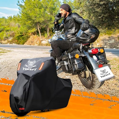 Motorcycle Cover, All Season Waterproof Outdoor Protection with Lock-Holes & Night Reflective, Fits up to 91" Harley Davidson Honda Suzuki Kawasaki Yamaha (Black) - size: L-91"