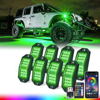 Xprite 8 Pods Rock Lights Wide Angle Bluetooth RGB Rocklights, Multicolor Neon Lighting Footwell Underglow Kits w/Wireless Remote, Compatible Jeep UTV ATV SUV RZR Off-Road Trucks Cars Boats - color: Wide Housing, size: 8 Pods
