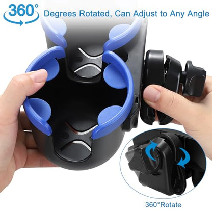 Accmor Stroller Cup Holder with Phone Holder, Bike Cup Holder, Universal Cup Holder for Uppababy Nuna Doona Strollers, 2-in-1 Cup Holder for Walker, Wheelchair, Scooter - color: Double Holder-Blue