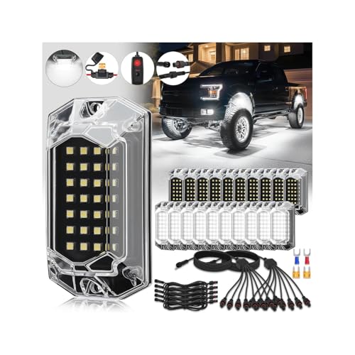 20Pods Full Angle All Pure White LED Rock Lights Full Kit Plug and Play & Pre Wired 6500K with Switch Harness Wiring Extension Fuse, 560Chips Waterproof Underglow 12V for Semi Trucks Pickup Offroad - size: 20Pods