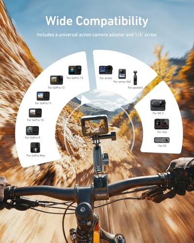 TELESIN Super Clamp Camera Mount with 360° Dual Ball Head, Bike/Bicycle/Motorcycle Handlebar Mount for GoPro Mission 1 PRO/DJI Osmo Pocket 4 3/ DJI Action 6 5 4/ Insta360 Luna Ultra/Xtra Muse Camera