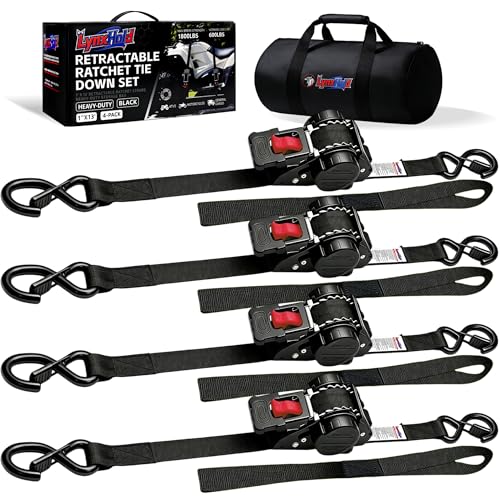 Retractable Ratchet Straps 1" x 13Ft, Heavy Duty Self Retracting Tie Down Straps, 1800lb Break Strength Auto Retract Cargo Straps for Truck, Trailer, Motorcycle, ATV, UTV, (Black, 4 Pack) - color: Black, size: 4 pack