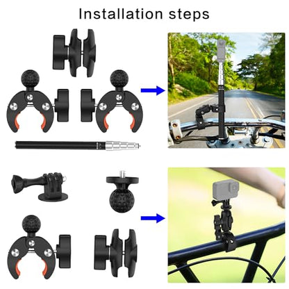 Aluminum Motorcycle Bike Handlebar Mount Bundle for Insta360 X5, Bike Mount with Invisible Selfie Stick Rock-Solid Locking for Insta360 X5 X4 X3, DJI OSMO 360, GoPro MAX 2 for Cycling Vlogging