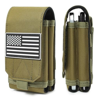 Tactical Molle EDC Phone Pouch Universal Dual Mobile Phone Holster Holder with US Flag Patch (OD Green) - color: OD Green