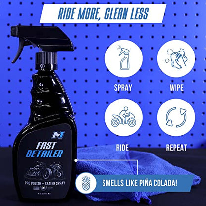 Fast Detailer Motorcycle Cleaner, Pro Polish Plus Sealer Spray, All-in-One Every Surface Motorcycle Cleaning Kit with Microfiber Cloth, Quick Detailer, 16 FL OZ