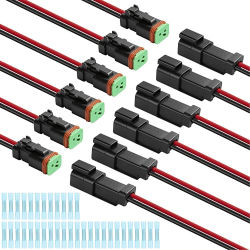 Deutsch DT 2 Pin Wiring Harness Connector 6 Kits, Deutsch Male Female 2 Wire Way Waterproof Automotive Electrical Connector 16 AWG with Heat Shrink Tubing for Car Truck Boat, black - color: 6 Sets-Black, size: 2Pin